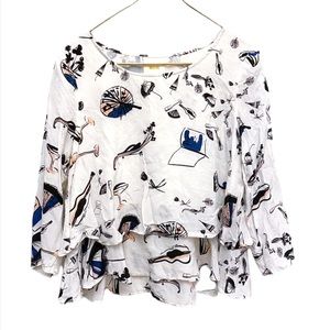 Anthropologie Maeve On the Town Violin Novelty 100% Silk Top Blouse Size 6